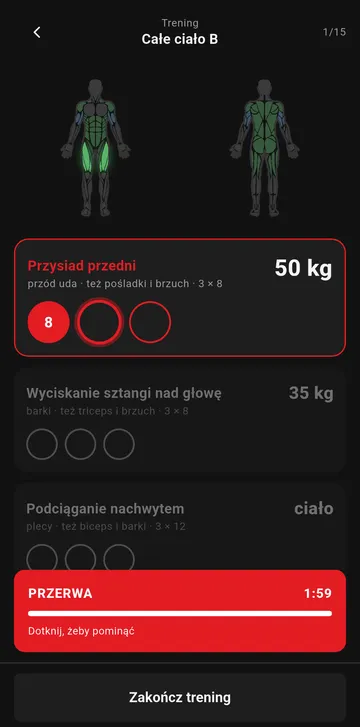 Ekran treningu: seria zaliczona, na dole licznik przerwy 1:59